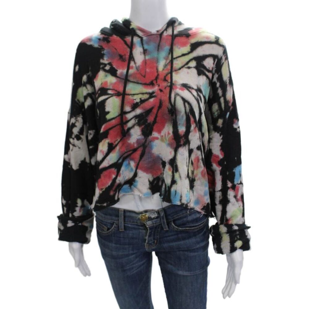 Wesley Womens Tie Dye Print Cropped Hoodie Multi Colored Cotton Size Small